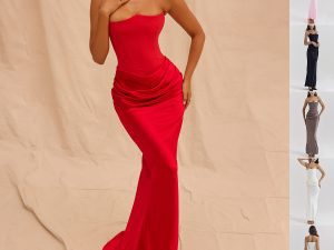 Schlankes trägerloses langes Kleid in Schwarz