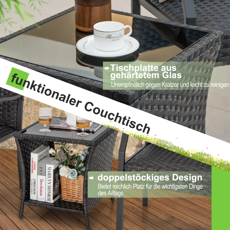 3-teiliges Gartenmöbel Set, Rattan Balkonset mit 2 Stühlen und Tisch, Balkonmöbel mit gepolstertem Sitz, Rattanmöbel für kleinen – Bild 4