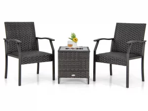 3-teiliges Gartenmöbel Set, Rattan Balkonset mit 2 Stühlen und Tisch, Balkonmöbel mit gepolstertem Sitz, Rattanmöbel für kleinen
