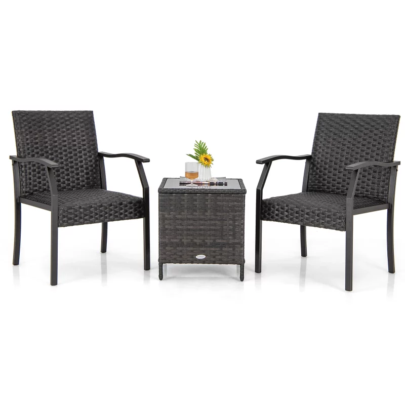 3-teiliges Gartenmöbel Set, Rattan Balkonset mit 2 Stühlen und Tisch, Balkonmöbel mit gepolstertem Sitz, Rattanmöbel für kleinen