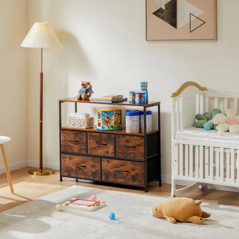 JHK Kamin-TV-Ständer, Kommode für Schlafzimmer mit 5 Stoffschubladen, Aufbewahrungsschrank, Truhe, Kleidung, Aufbewahrung, Vitrine, Möbel – Bild 2