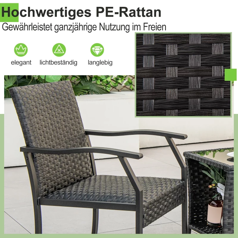 3-teiliges Gartenmöbel Set, Rattan Balkonset mit 2 Stühlen und Tisch, Balkonmöbel mit gepolstertem Sitz, Rattanmöbel für kleinen – Bild 2