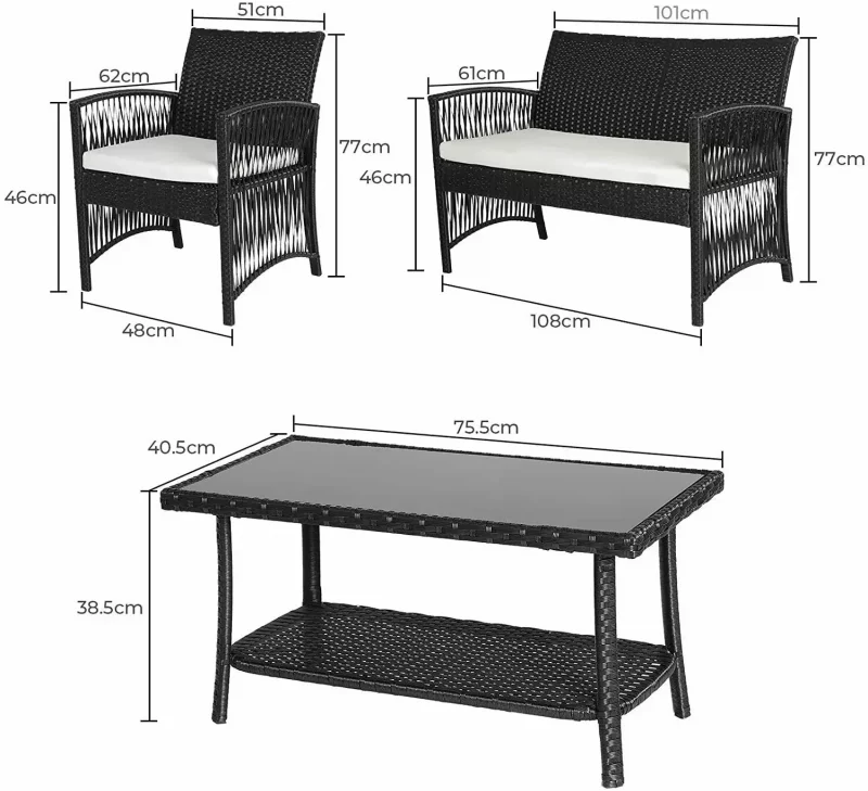 Rattan-Gartenmöbel-Set für den Außenbereich, 4-teilig, PE-Rattan-Terrassenmöbel, Weben, Korbgeflecht, Sofa-Set, Kissen, Glastisch mit Stühlen, Balkon – Bild 2