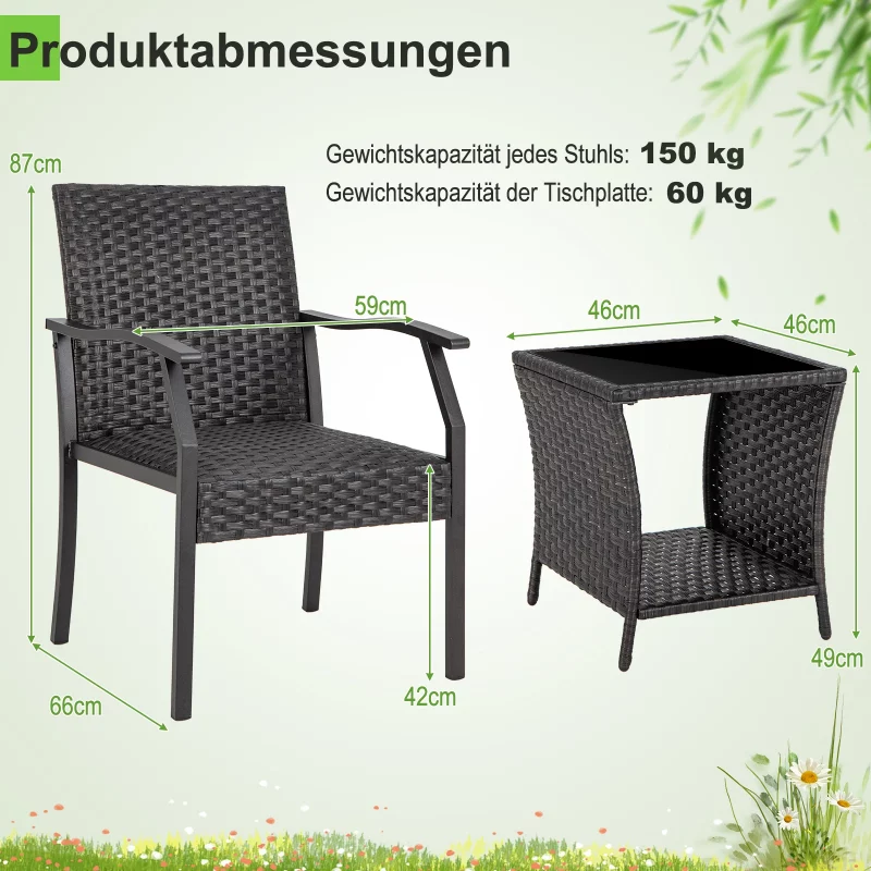 3-teiliges Gartenmöbel Set, Rattan Balkonset mit 2 Stühlen und Tisch, Balkonmöbel mit gepolstertem Sitz, Rattanmöbel für kleinen – Bild 6