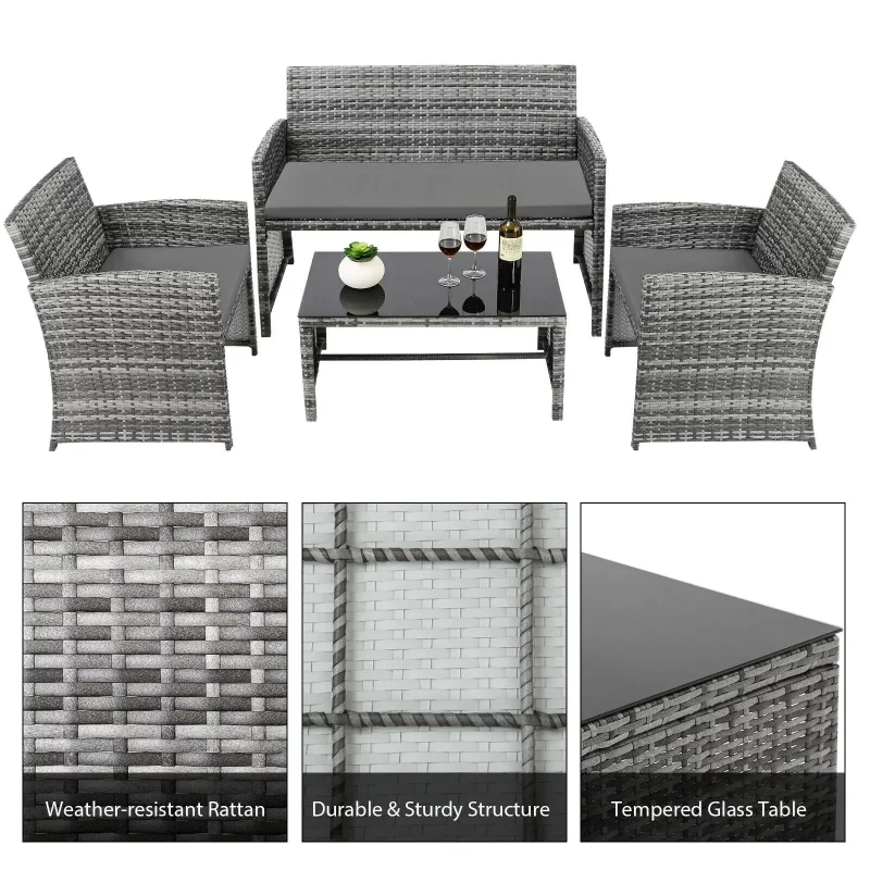 4-teiliges Rattan-Gartenmöbel-Set, Garten-Sofa-Set, Tisch und Stühle für den Außenbereich, 3 Sofas, 1 Glastisch, Terrassenmöbel-Set – Bild 5