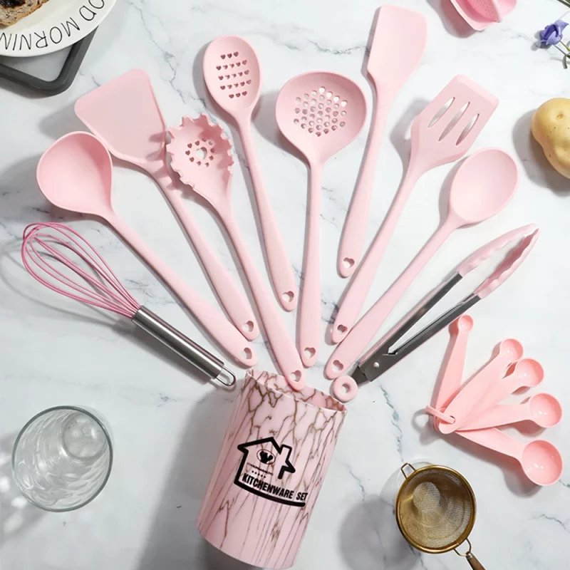 Rosa 18 Stücke Food Grade Silikon Küche Kochgeschirr Utensilien Turner Spachtel Messlöffel Praktisches Kochwerkzeug Küchenutensilien Set – Bild 3