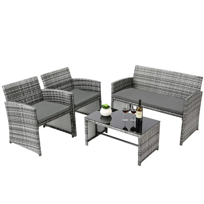 4-teiliges Rattan-Gartenmöbel-Set, Garten-Sofa-Set, Tisch und Stühle für den Außenbereich, 3 Sofas, 1 Glastisch, Terrassenmöbel-Set – Bild 2