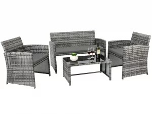 4-teiliges Rattan-Gartenmöbel-Set, Garten-Sofa-Set, Tisch und Stühle für den Außenbereich, 3 Sofas, 1 Glastisch, Terrassenmöbel-Set