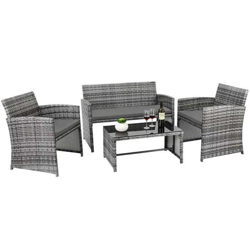 4-teiliges Rattan-Gartenmöbel-Set, Garten-Sofa-Set, Tisch und Stühle für den Außenbereich, 3 Sofas, 1 Glastisch, Terrassenmöbel-Set