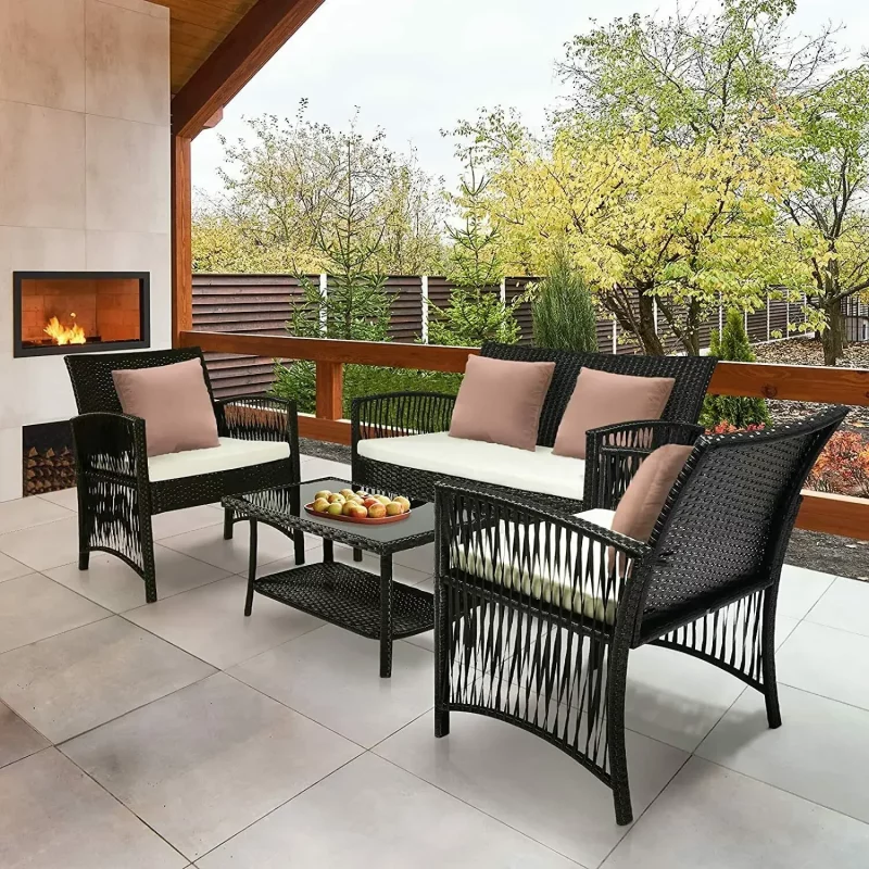 Rattan-Gartenmöbel-Set für den Außenbereich, 4-teilig, PE-Rattan-Terrassenmöbel, Weben, Korbgeflecht, Sofa-Set, Kissen, Glastisch mit Stühlen, Balkon – Bild 4