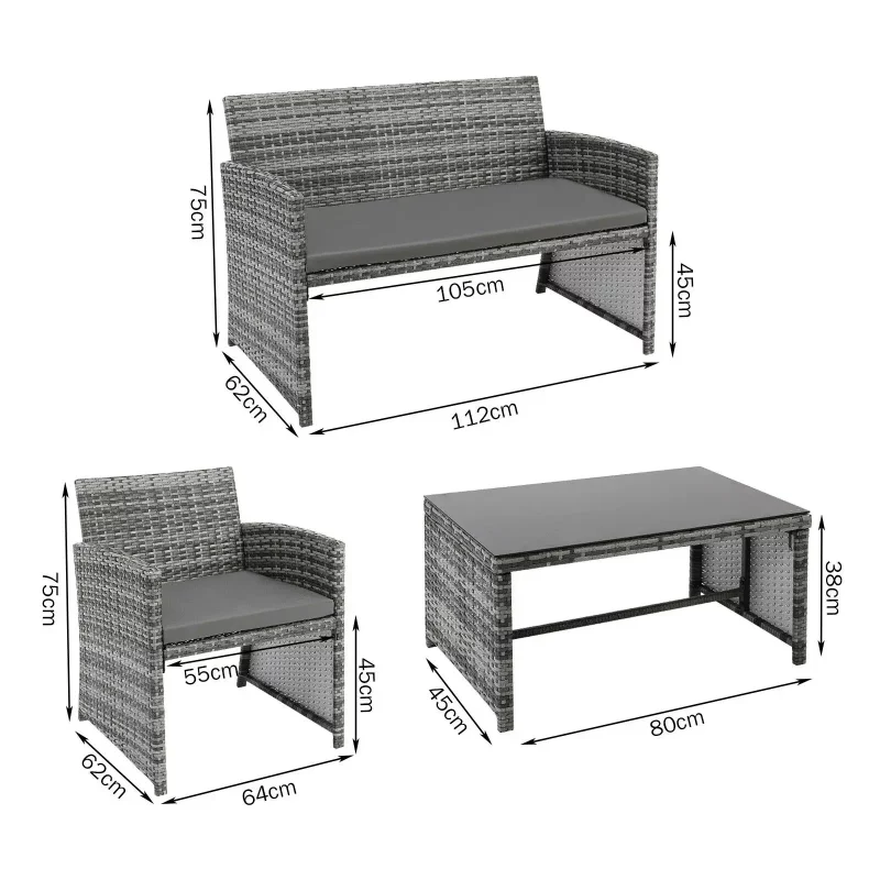 4-teiliges Rattan-Gartenmöbel-Set, Garten-Sofa-Set, Tisch und Stühle für den Außenbereich, 3 Sofas, 1 Glastisch, Terrassenmöbel-Set – Bild 3