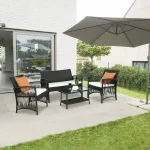 Rattan-Gartenmöbel-Set für den Außenbereich, 4-teilig, PE-Rattan-Terrassenmöbel, Weben, Korbgeflecht, Sofa-Set, Kissen, Glastisch mit Stühlen, Balkon