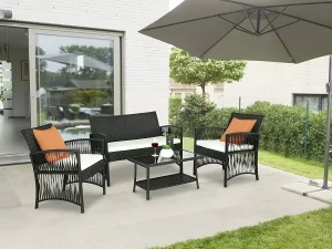 Rattan-Gartenmöbel-Set für den Außenbereich, 4-teilig, PE-Rattan-Terrassenmöbel, Weben, Korbgeflecht, Sofa-Set, Kissen, Glastisch mit Stühlen, Balkon