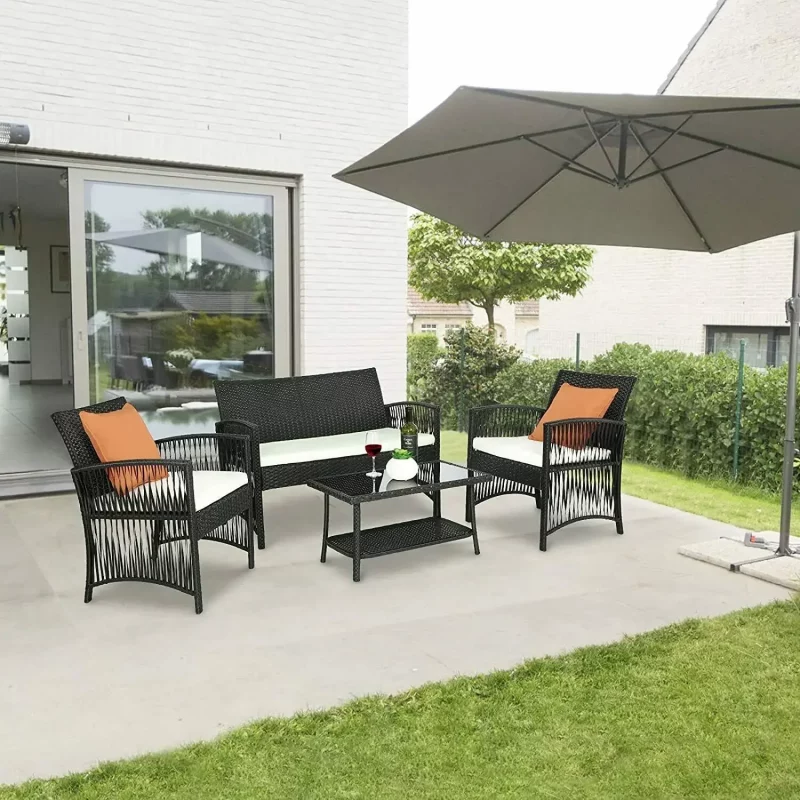 Rattan-Gartenmöbel-Set für den Außenbereich, 4-teilig, PE-Rattan-Terrassenmöbel, Weben, Korbgeflecht, Sofa-Set, Kissen, Glastisch mit Stühlen, Balkon