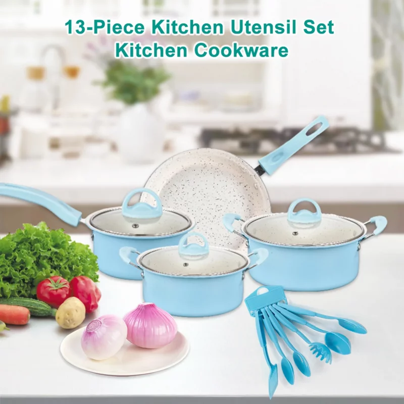 13PCS Antihaft-Kochgeschirr Set Medizinische Stein Beschichtung Ergonomische Griff Kochen Set mit Milch Topf Suppe Topf Braten Pan Eintopf topf – Bild 4