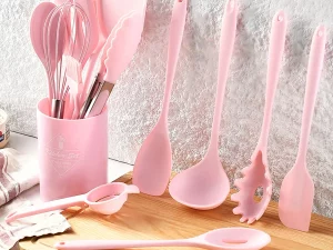 15-teiliges rosa Silikon-Küchengeschirr mit Aufbewahrungseimer, Spatel, Schaufel, Schöpfkelle, Kochgeschirr, Küchenutensilien-Set, antihaftbeschichtete Kochutensilien