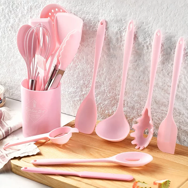 15-teiliges rosa Silikon-Küchengeschirr mit Aufbewahrungseimer, Spatel, Schaufel, Schöpfkelle, Kochgeschirr, Küchenutensilien-Set, antihaftbeschichtete Kochutensilien