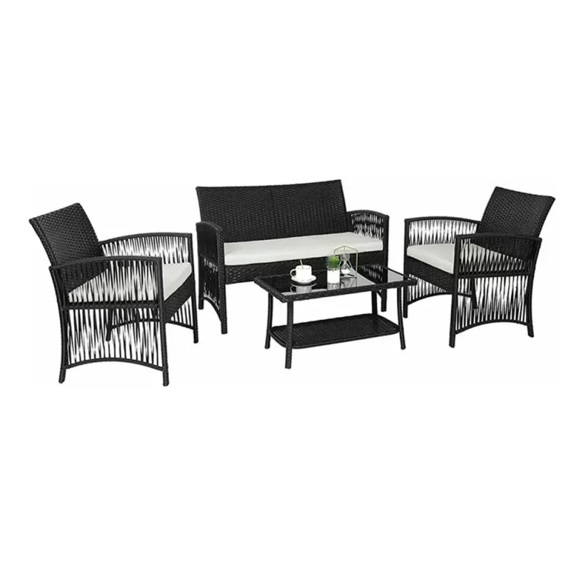 Rattan-Gartenmöbel-Set für den Außenbereich, 4-teilig, PE-Rattan-Terrassenmöbel, Weben, Korbgeflecht, Sofa-Set, Kissen, Glastisch mit Stühlen, Balkon – Bild 6