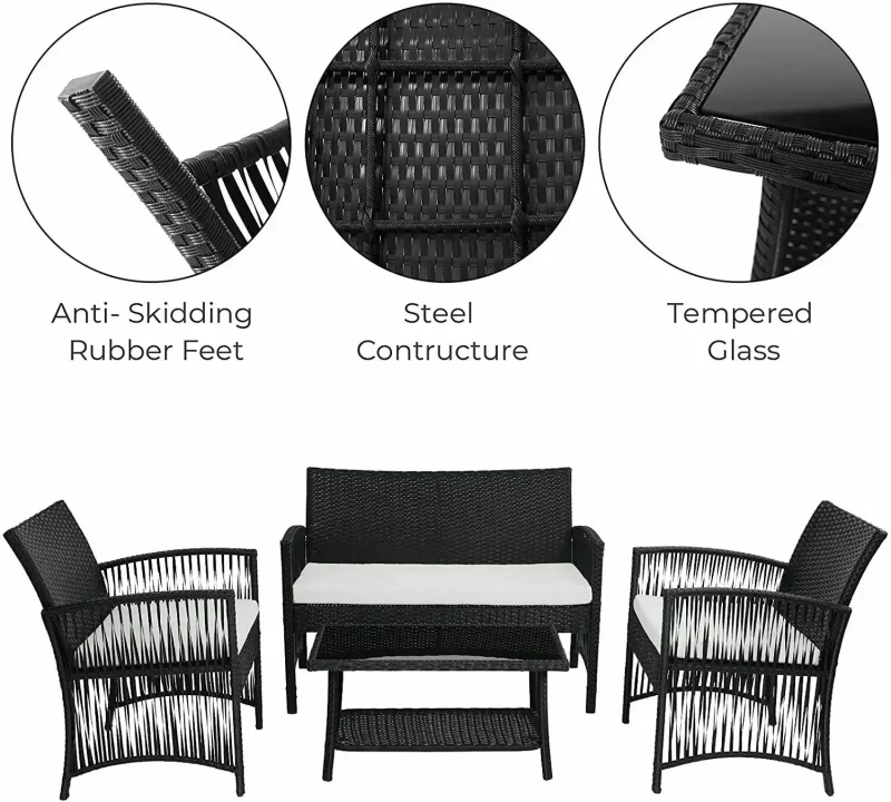 Rattan-Gartenmöbel-Set für den Außenbereich, 4-teilig, PE-Rattan-Terrassenmöbel, Weben, Korbgeflecht, Sofa-Set, Kissen, Glastisch mit Stühlen, Balkon – Bild 5